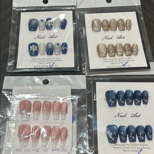 Elegant Press-On Nails Set - Blue, Silver, and Nude- lot of 4